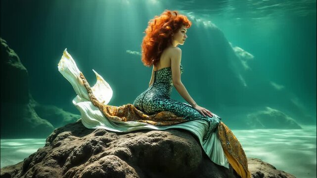 Beautiful red-haired mermaid sitting on a rock. Beautiful mermaid with a tail lives under clear water