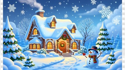Cozy Winter Cottage Illustration with Snowman, Decorated Christmas Trees, and Falling Snow in Magical Night Landscape