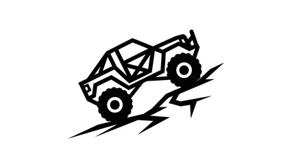 Off-road buggy climbing a cracked terrain black and white line art illustration.