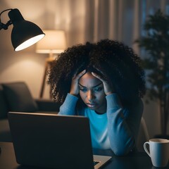 A young woman with curly hair appears stressed while working on a laptop late at night illuminated by a lamp