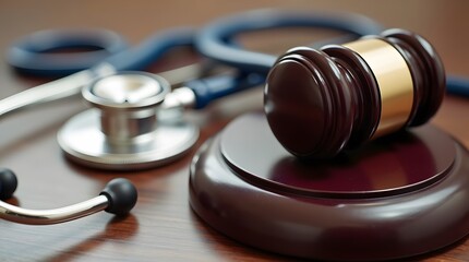 Medical malpractice concept with gavel and stethoscope on wooden desk in law office setting