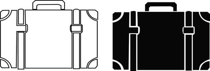 Black travel bag icon set in flat and line style, luggage symbol collection featuring backpacks, suitcases and trolley group, minimal monochrome baggage vector illustration pack with synonym elements