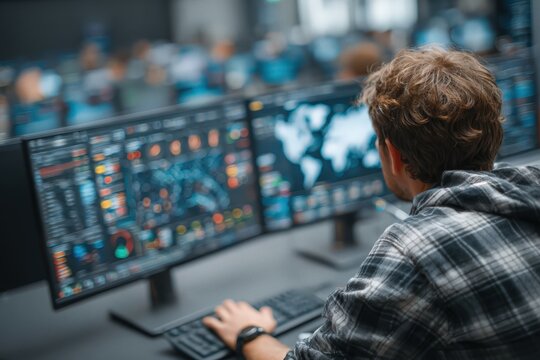 Admin operating modern interface managing server infrastructure for connectivity optimization and device monitoring in network efficiency at night - Powered by Adobe