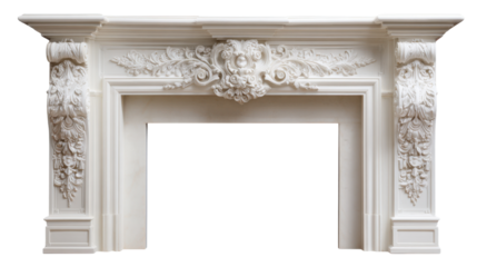 Ornate white baroque fireplace mantelpiece with intricate carvings on transparent background