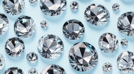 Fototapeta premium transparent diamonds placed on a light blue surface and displaying various sizes and cuts, with reflections and highlights obtained in daylight