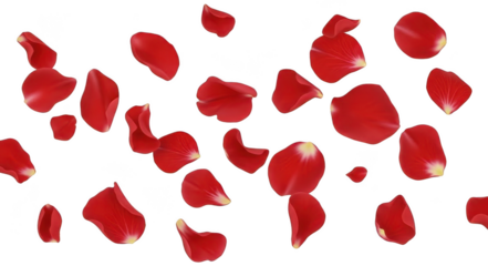 Delicate, vibrant, and realistically rendered red rose petals, crafted in a digital painting style, gently float and scatter across a transparent background,, isolated on transparent background.