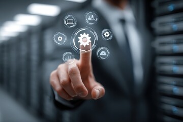 Admin operating modern interface managing server infrastructure for connectivity optimization and device monitoring in network efficiency at night