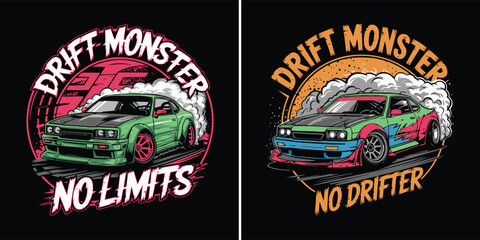 Two vibrant illustrations featuring modified drift monsters executing dramatic tire smoke maneuvers on a dark background © Vectyx