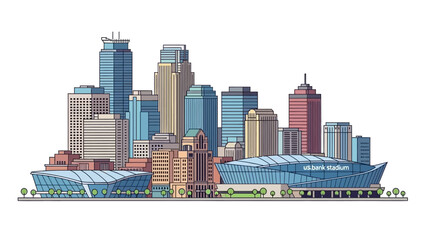 Modern city skyline with skyscrapers and urban stadium illustration © Nandar