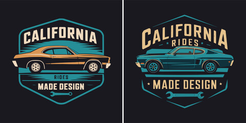 Obraz premium Vintage muscle car emblems featuring two distinct classic American coupes in bold retro graphic style