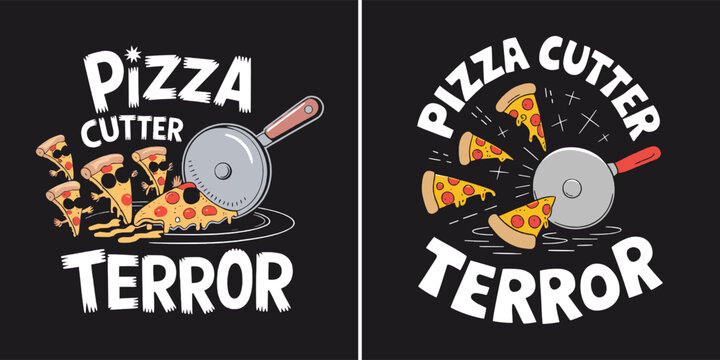 Hilarious cartoon graphic depicts pizza cutter terrorizing fleeing slices in a humorous food design concept