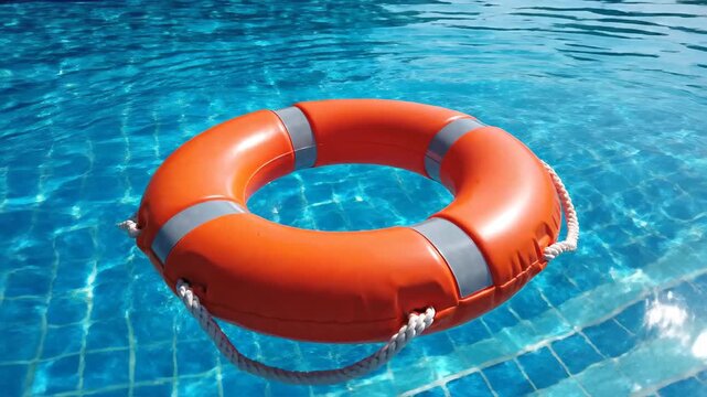 Bright orange life preserver ring floats in a blue tiled pool with a textured water surface