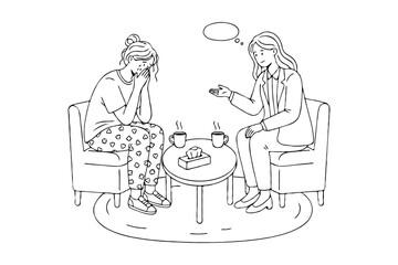 A crying woman sitting with a therapist in a cozy room, hand-drawn style, on white background. Concept of emotional support and counseling