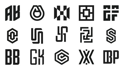 Collection of fifteen distinct black and white monogram logos featuring abstract geometric typography for brand identity design © Vectyx