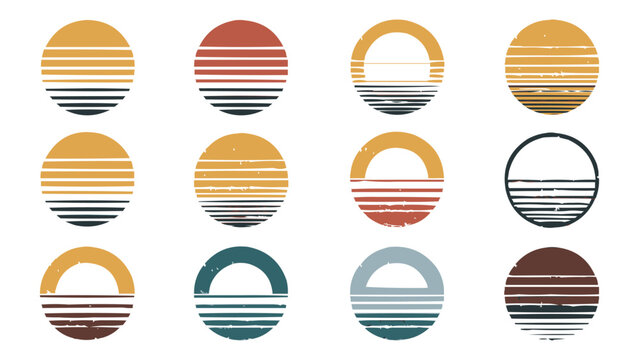 Collection of twelve distressed retro sunset and sunrise circle graphic icons featuring various vintage color palettes for design use