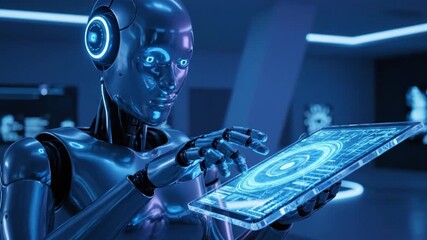 Advanced AI robot interacts with futuristic digital interface tablet - Powered by Adobe