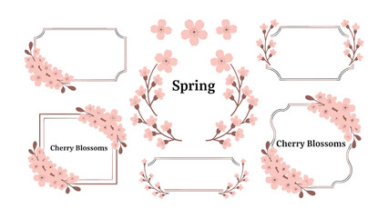 Collection of delicate cherry blossom frames and decorative floral elements perfect for spring themed invitations and stationery design projects