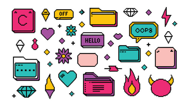 Assorted collection of colorful retro pixel art icons featuring folders, hearts, gems, and playful digital elements