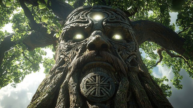 Giant tree with carved old man face and glowing eyes, Celtic symbols, video game style.