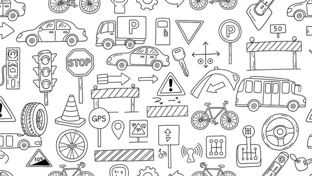 Seamless monochrome doodle pattern featuring hand-drawn road signs, various vehicles, and essential transport elements, perfect for backgrounds and creative designs