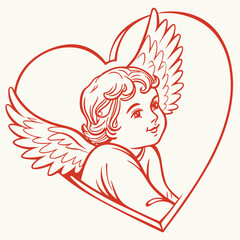 a vintage style illustration of a winged cupid framed within a red heart shape a beautiful silhouette