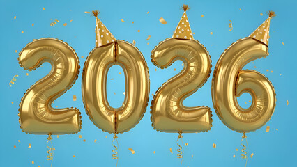 Celebrating new year 2026 with gold balloons and party hats