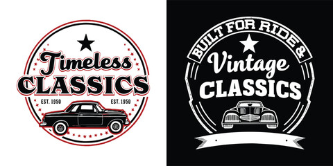 Obraz premium Collection of classic car emblems featuring vintage automobiles and established date text for automotive enthusiasts