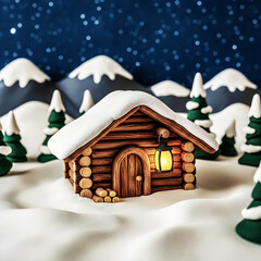 Wooden hut in snowy mountains in the early evening with a lantern on the door and stars in the sky