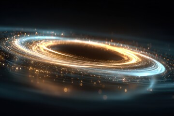 Digital vortex of light swirls in a circular prism flare as golden threads spin outwards in a spiral burst, forming a twilight ring