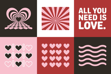 A vibrant graphic design composition featuring various stylized heart icons and romantic visual elements perfect for celebration