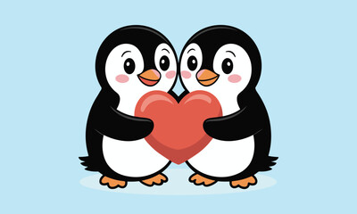 Fototapeta premium Two Happy Penguins Sharing a Red Heart couple love