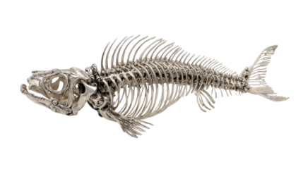 Fish skeleton structure made of polished metallic silver showing bone anatomy, isolated on transparent background
