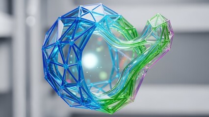 A mesmerizing abstract object shifts from blue to green to purple, with a glowing inner orb.