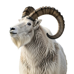 White mountain goat with large curled horns, majestic profile
