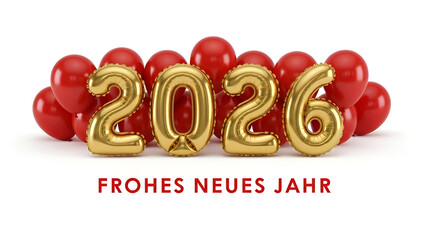 Happy new year 2026 celebration with red balloons and gold numbers