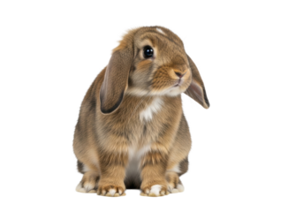 Young fluffy brown lop-eared rabbit with a white chest patch, sitting calmly on a pristine seamless transparent background with bright even shadowless lighting and ample copy space, a serene studio