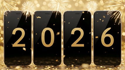 Happy new year 2026 celebration with mobile phones