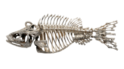 Silver fish skeleton with ornate details and a modern design, representing anatomy, nature, and art on transparent background