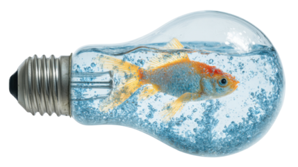 Goldfish swimming in water inside a lightbulb, symbolizing a trapped idea, limited creativity, or new concept development