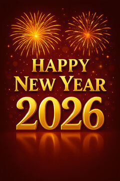 Golden Fireworks Over Luxurious Happy New Year 2026 Text - Festive Graphic: Shiny 3D 2026 with Fireworks & Sparkles - Celebratory 2026 in Gold on Dark Red with Bokeh Lights