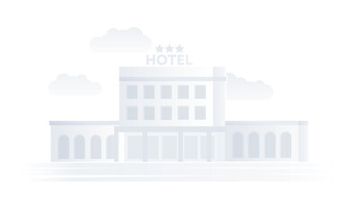 Obraz premium Three star hotel building exterior with clouds in simple flat style illustration