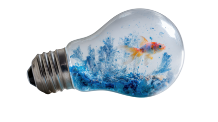 Goldfish swimming inside lightbulb with blue pebbles and plants creating a surreal underwater world, transparent background