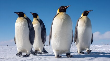 Obraz premium Four upright flightless birds stand together on a bright, snowy landscape beneath a clear blue sky