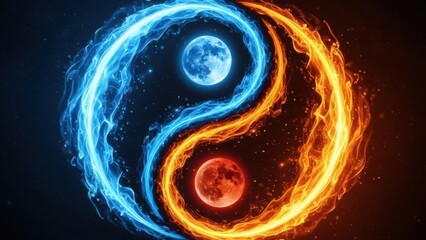 Yin and yang symbol with moon and fire elements in space