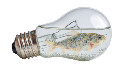 Fish swimming inside a light bulb filled with water, concept of confinement, environmental issues, and innovation