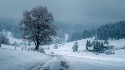 Snow-Covered Landscape with Tree and Winter Road in Misty Forest