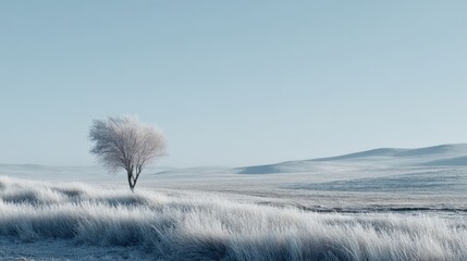 Frosty Landscape with Solo Tree in a Winter Scene at Dawn