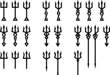 Set of black trident silhouettes, pitchfork vector icons, poseidon weapon collection, devil spear symbols, neptune fork shapes, ancient sharp battle instruments, isolated design elements © MstRuna