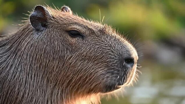 Close-up of a capybara resting with eyes closed in warm golden hour light near water for tranquility concept and peaceful wildlife