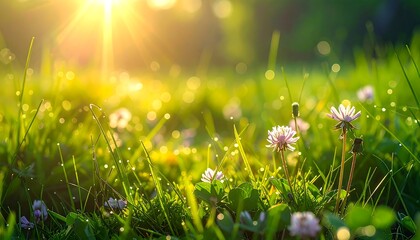 Sunlight on Meadow Flowers, Green Grass, and Dew Drops